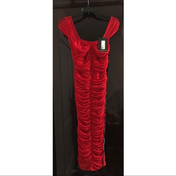 Pretty little thing Red Mesh Ruched Midi Dress - Picture 4 of 7